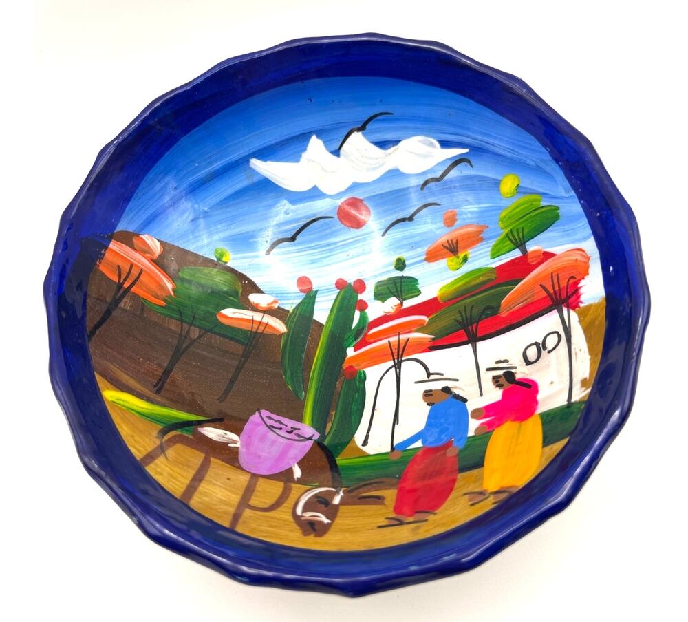 Hand Painted Mexican Folk Art Bowl Footed Glazed Terracotta Village / Farm Scene